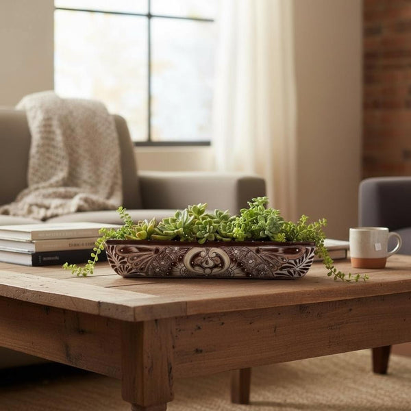 Hand Painted Mexican Talavera Long Planter, Expresso & White