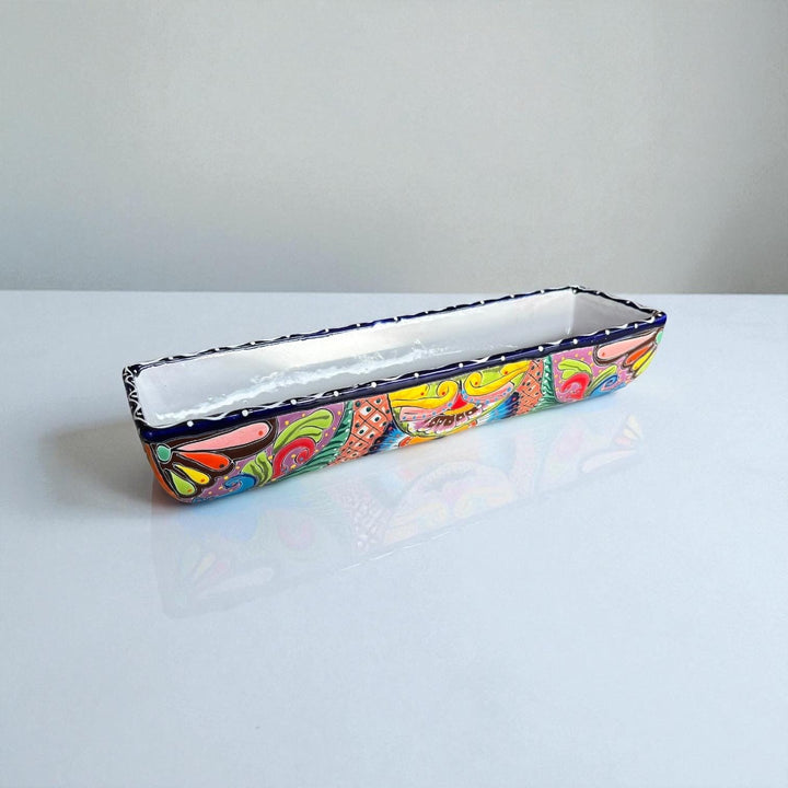 Hand Painted Mexican Talavera Long Planter, Dark Blue & Multicolor