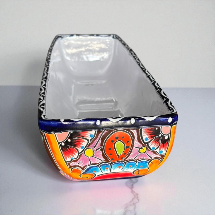 Hand Painted Mexican Talavera Long Planter, Dark Blue & Multicolor