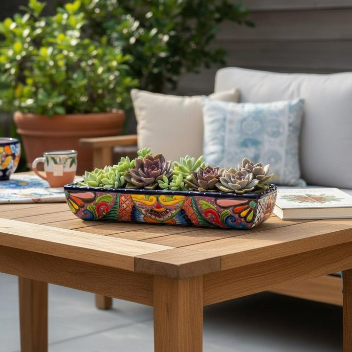 Hand Painted Mexican Talavera Long Planter, Dark Blue & Multicolor