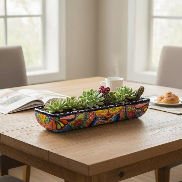 Hand Painted Mexican Talavera Long Planter, Dark Blue & Multicolor