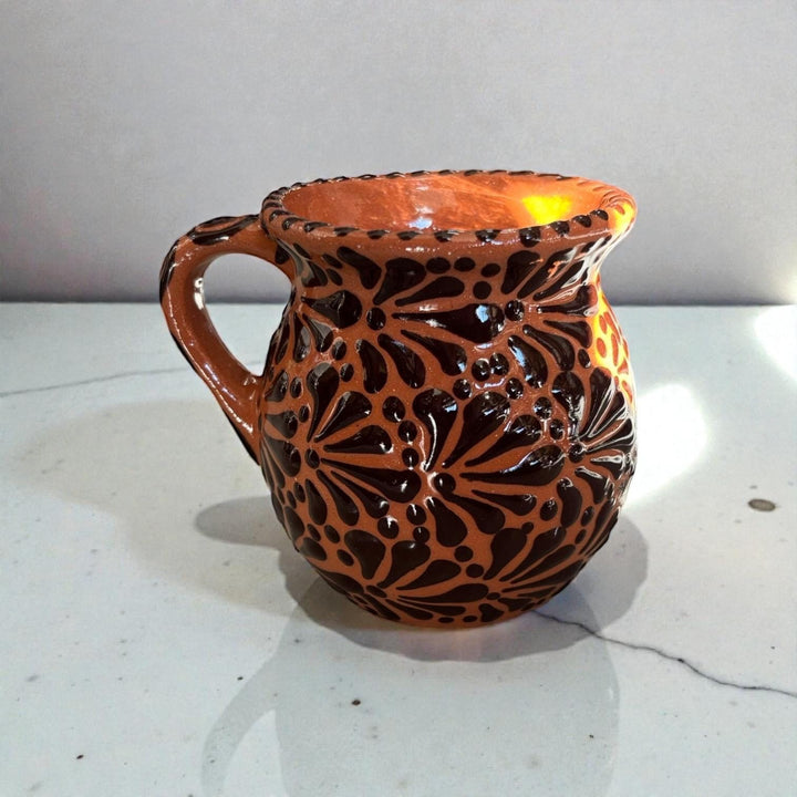 Hand Painted Talavera Christmas Cantarito with Handle Mug, Brown & Dark Chocolate Snowman – Set of 2