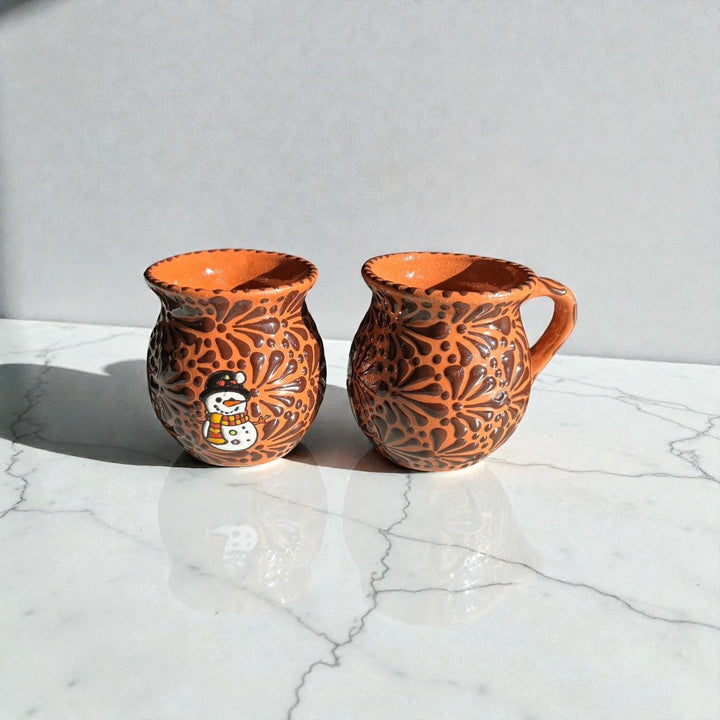 Hand Painted Talavera Christmas Cantarito with Handle Mug, Brown & Dark Chocolate Snowman – Set of 2