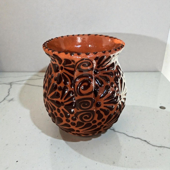 Hand Painted Talavera Christmas Cantarito with Handle Mug, Brown & Dark Chocolate Snowman – Set of 2