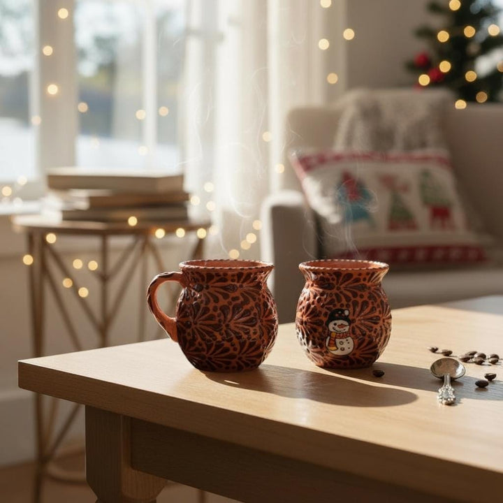 Hand Painted Talavera Christmas Cantarito with Handle Mug, Brown & Dark Chocolate Snowman – Set of 2