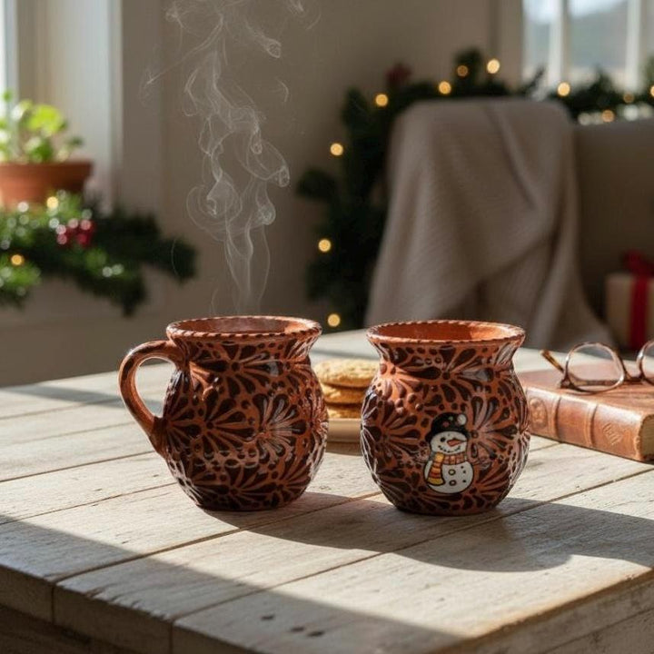 Hand Painted Talavera Christmas Cantarito with Handle Mug, Brown & Dark Chocolate Snowman – Set of 2