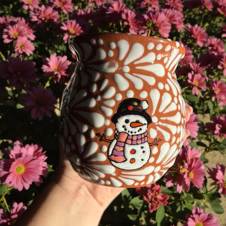 Hand Painted Talavera Christmas Cantarito with Handle Mug, Brown & White Snowman – Set of 2