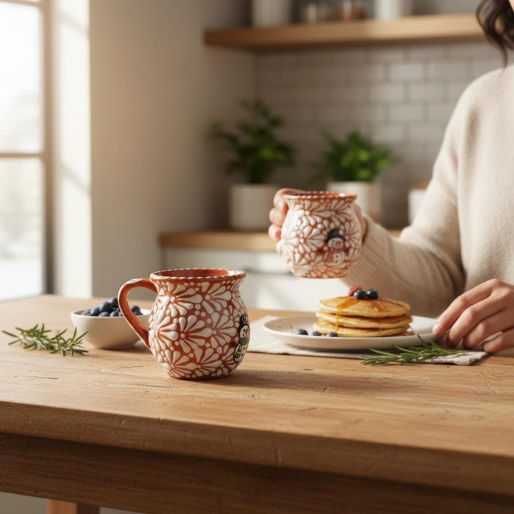 Hand Painted Talavera Christmas Cantarito with Handle Mug, Brown & White Snowman – Set of 2