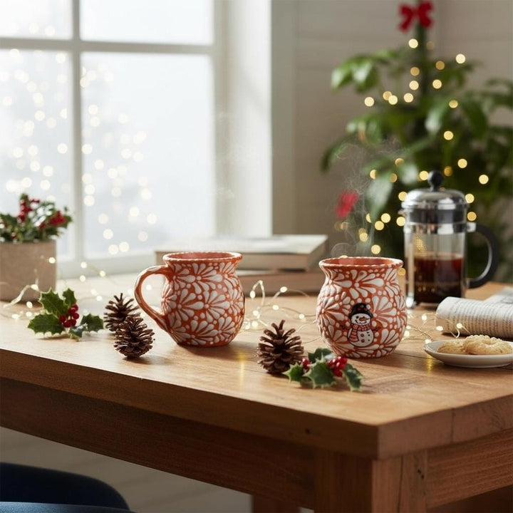 Hand Painted Talavera Christmas Cantarito with Handle Mug, Brown & White Snowman – Set of 2