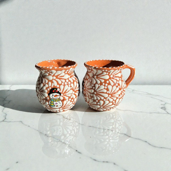 Hand Painted Talavera Christmas Cantarito with Handle Mug, Brown & White Snowman – Set of 2