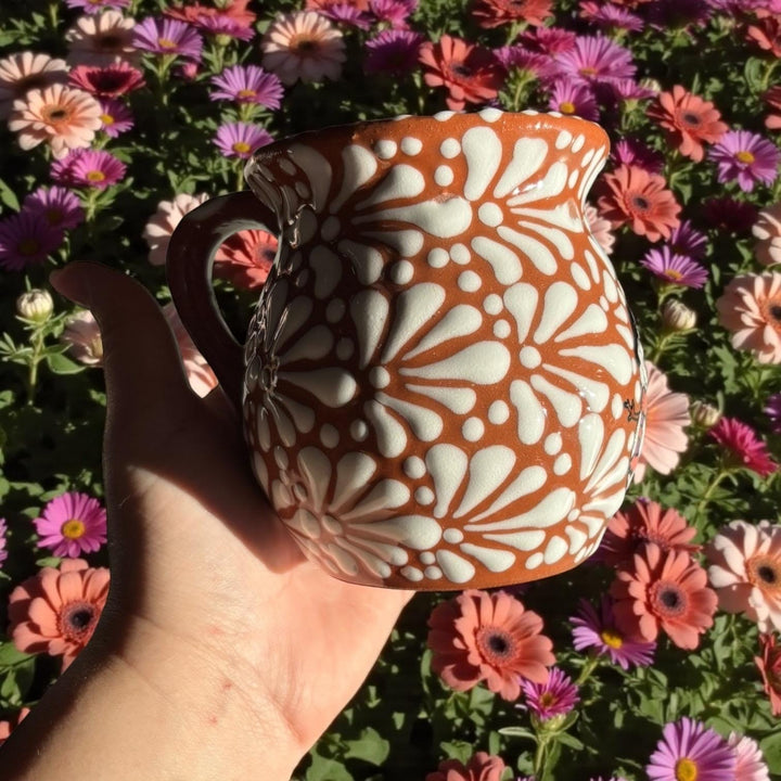 Hand Painted Talavera Christmas Cantarito with Handle Mug, Brown & White Snowman – Set of 2