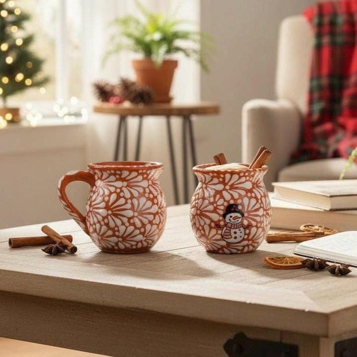 Hand Painted Talavera Christmas Cantarito with Handle Mug, Brown & White Snowman – Set of 2