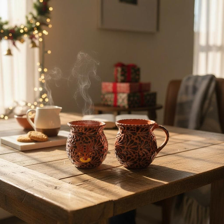 Hand Painted Talavera Christmas Cantarito with Handle Mug, Brown & Dark Chocolate Reindeer – Set of 2