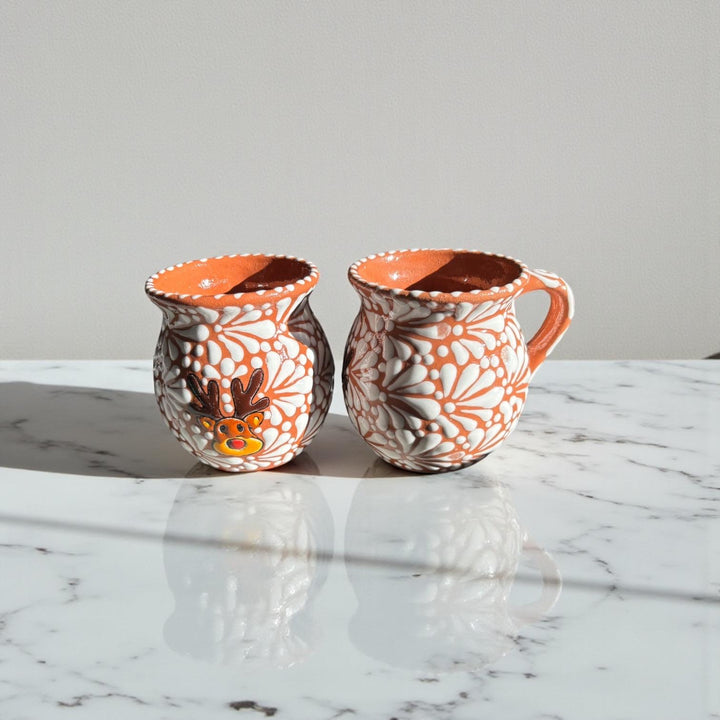 Hand Painted Talavera Christmas Cantarito with Handle Mug, Brown & White Reindeer – Set of 2