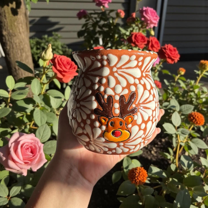 Hand Painted Talavera Christmas Cantarito with Handle Mug, Brown & White Reindeer – Set of 2