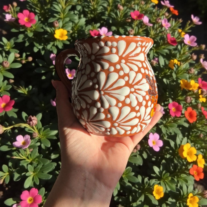 Hand Painted Talavera Christmas Cantarito with Handle Mug, Brown & White Reindeer – Set of 2