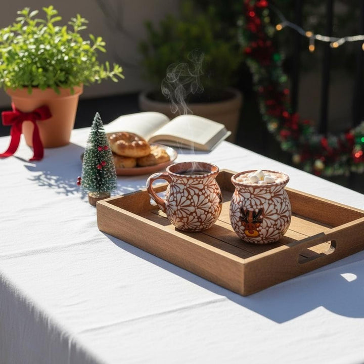 Hand Painted Talavera Christmas Cantarito with Handle Mug, Brown & White Reindeer – Set of 2