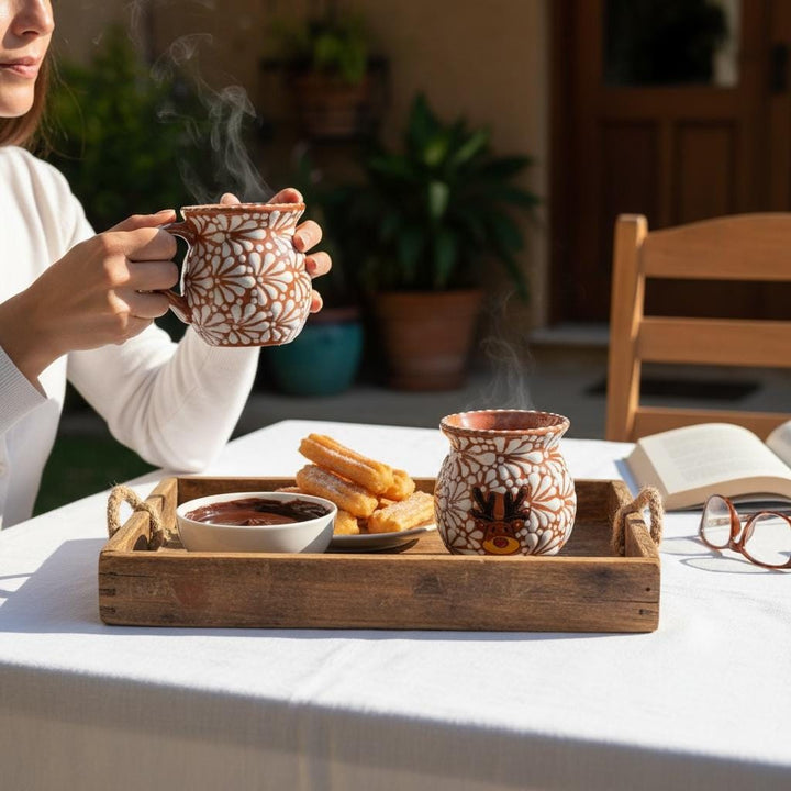 Hand Painted Talavera Christmas Cantarito with Handle Mug, Brown & White Reindeer – Set of 2