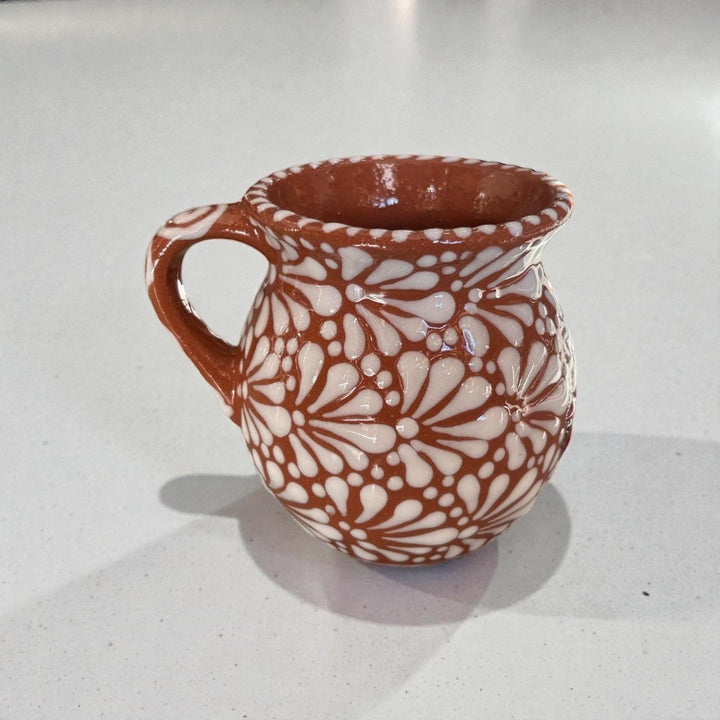 Hand Painted Talavera Christmas Cantarito with Handle Mug, Brown & White Poinsettia – Set of 2