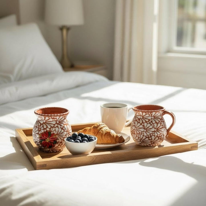 Hand Painted Talavera Christmas Cantarito with Handle Mug, Brown & White Poinsettia – Set of 2