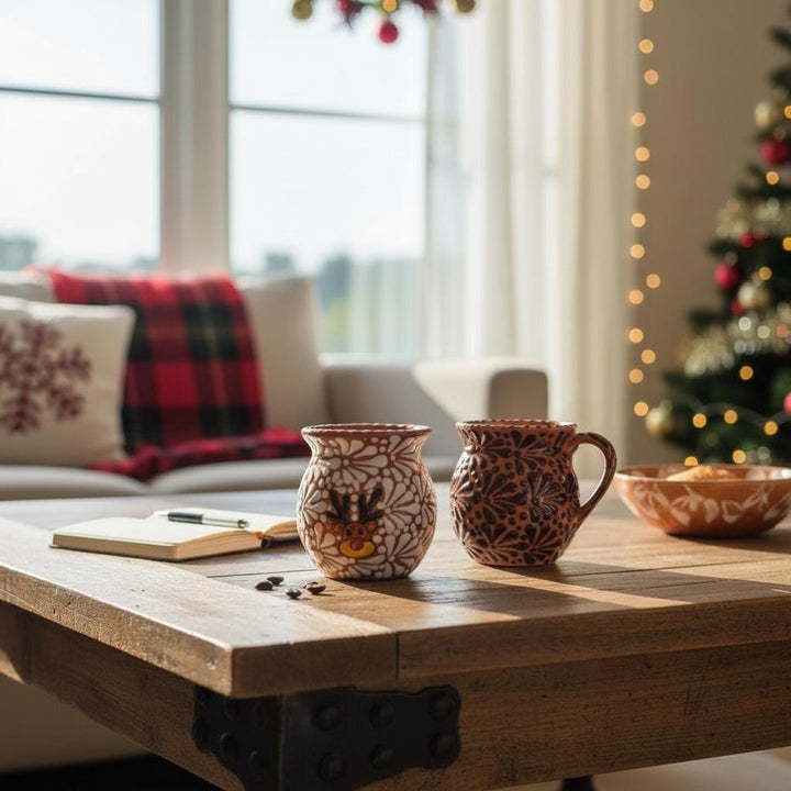 Hand Painted Talavera Christmas Cantarito with Handle Mug, Reindeer Brown Mix – Set of 2