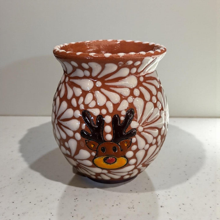 Hand Painted Talavera Christmas Cantarito with Handle Mug, Reindeer Brown Mix – Set of 2