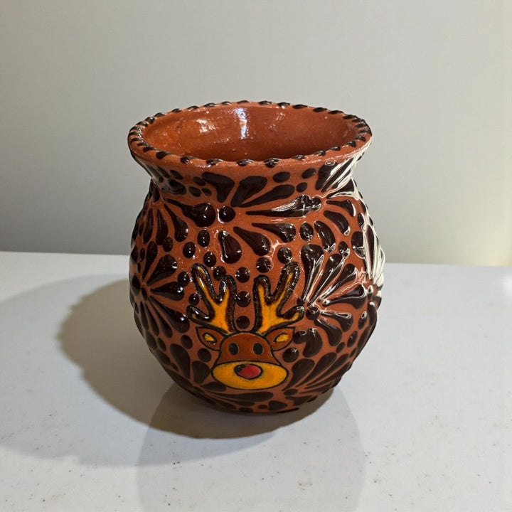 Hand Painted Talavera Christmas Cantarito with Handle Mug, Reindeer Brown Mix – Set of 2