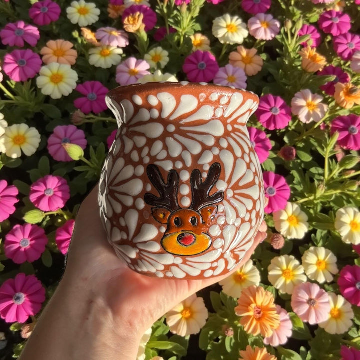 Hand Painted Talavera Christmas Cantarito with Handle Mug, Reindeer Brown Mix – Set of 2