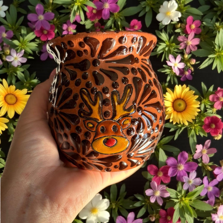Hand Painted Talavera Christmas Cantarito with Handle Mug, Reindeer Brown Mix – Set of 2
