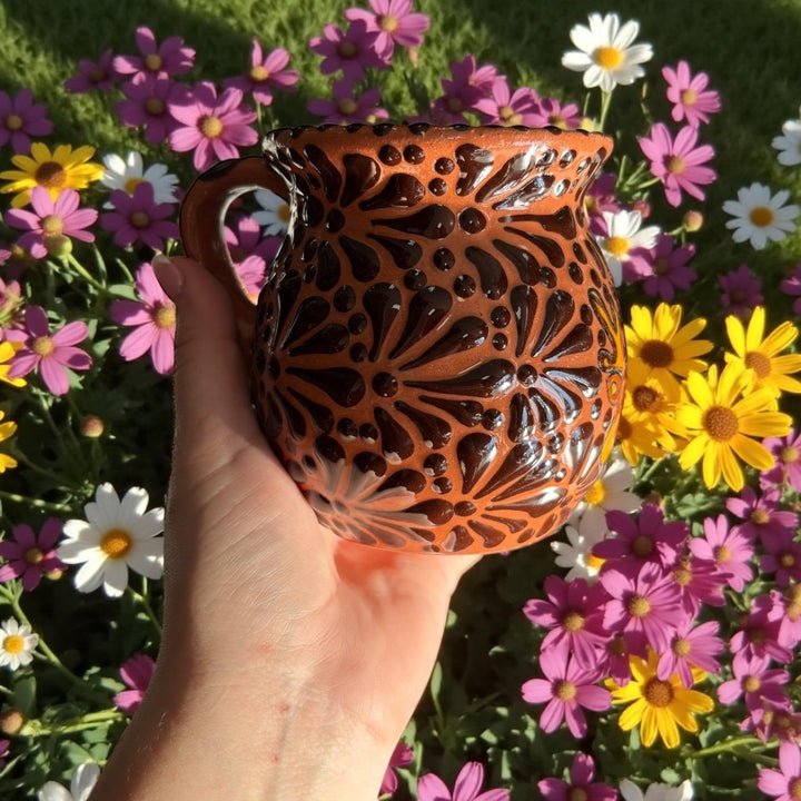 Hand Painted Talavera Christmas Cantarito with Handle Mug, Reindeer Brown Mix – Set of 2