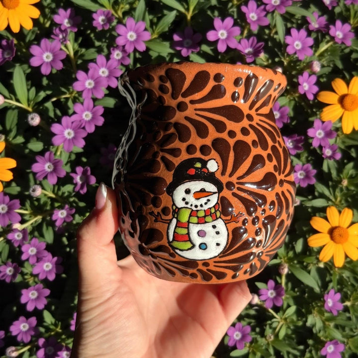 Hand Painted Talavera Christmas Cantarito with Handle Mug, Snowman Brown Mix – Set of 2