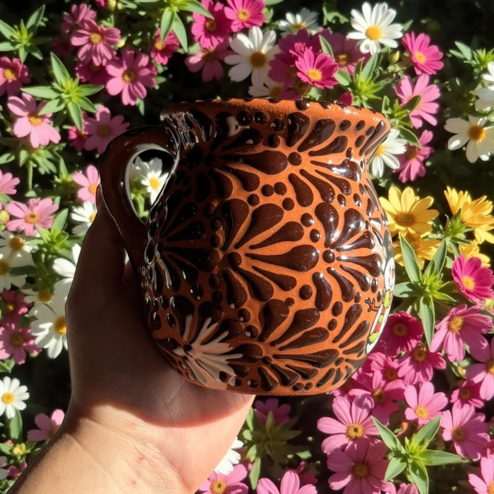 Hand Painted Talavera Christmas Cantarito with Handle Mug, Snowman Brown Mix – Set of 2