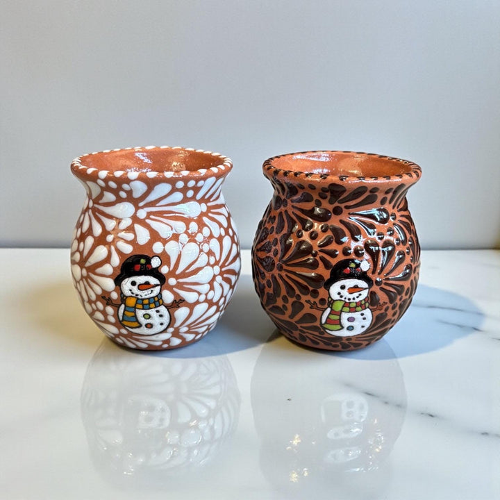 Hand Painted Talavera Christmas Cantarito with Handle Mug, Snowman Brown Mix – Set of 2