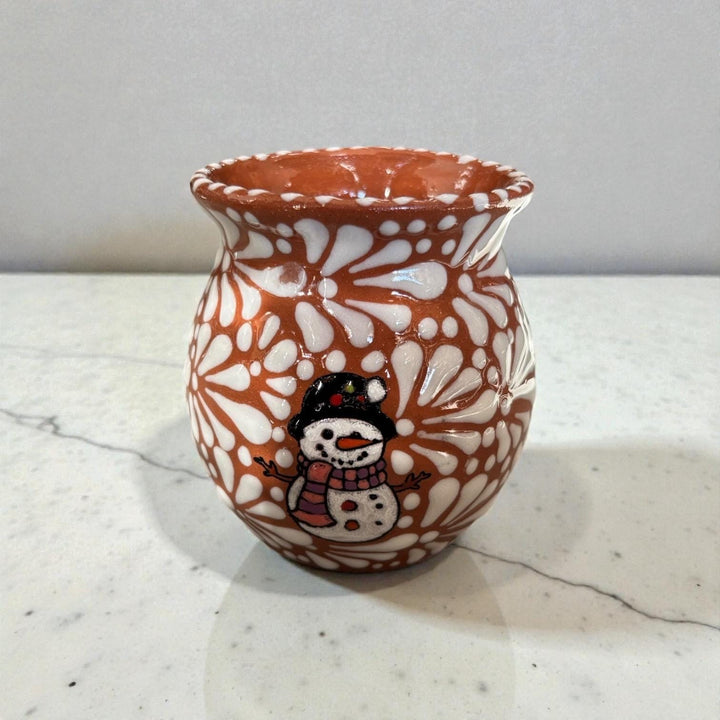 Hand Painted Talavera Christmas Cantarito with Handle Mug, Snowman Brown Mix – Set of 2