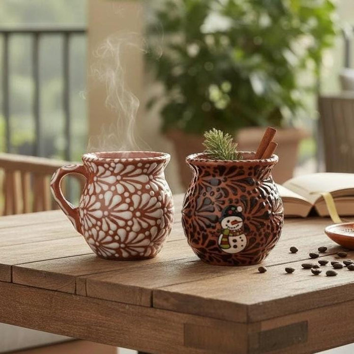 Hand Painted Talavera Christmas Cantarito with Handle Mug, Snowman Brown Mix – Set of 2