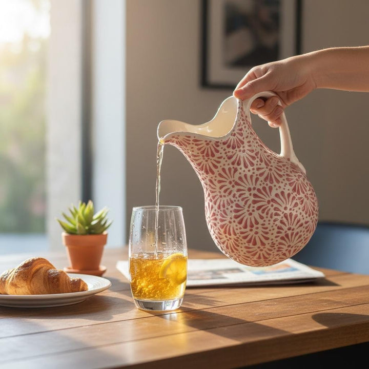 Hand Painted Mexican Talavera Pitcher, Ivory & Pink (Cielito Lindo Inspired)