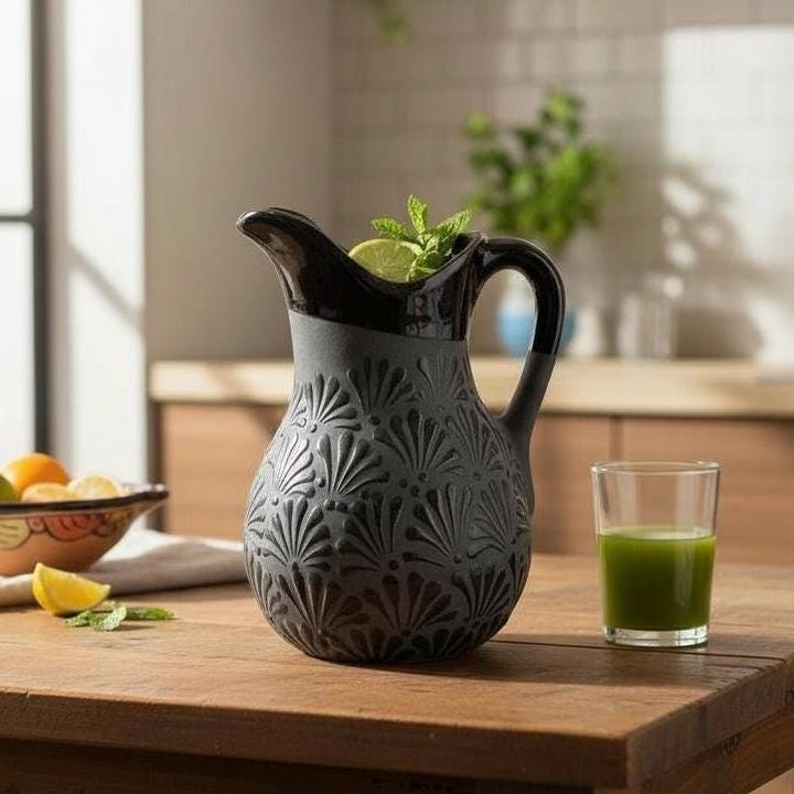 Hand Painted Mexican Clay Water Pitcher (Cielito Lindo Inspired), Charcoal & Black