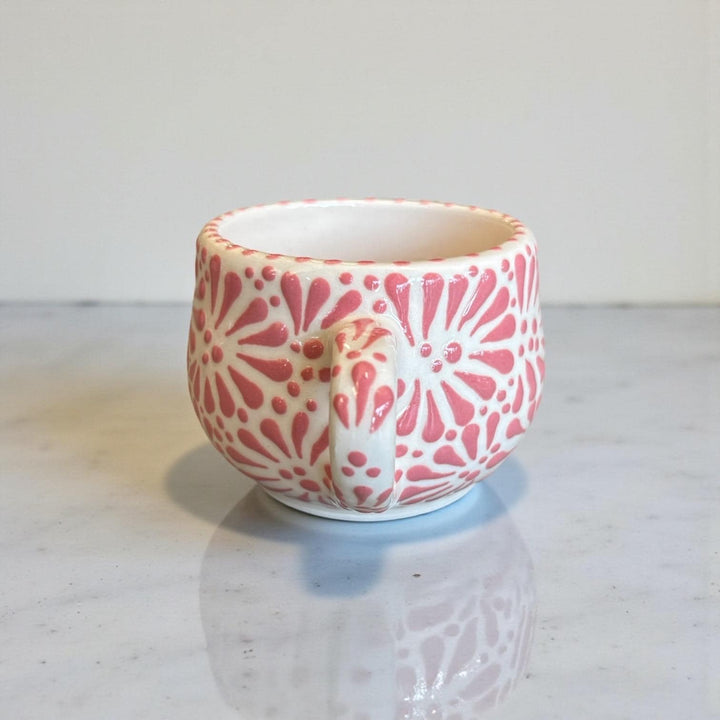 Beautiful Hand Painted Mexican Talavera Small Mug, Ivory & Pink – Set of 2 (Cielito Lindo Inspired)