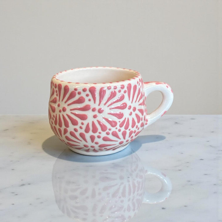 Beautiful Hand Painted Mexican Talavera Small Mug, Ivory & Pink – Set of 2 (Cielito Lindo Inspired)