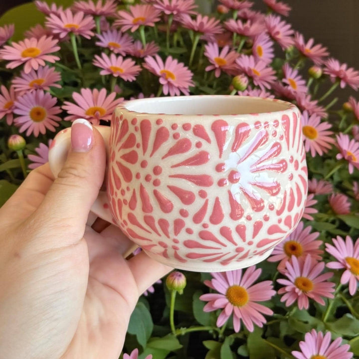 Beautiful Hand Painted Mexican Talavera Small Mug, Ivory & Pink – Set of 2 (Cielito Lindo Inspired)