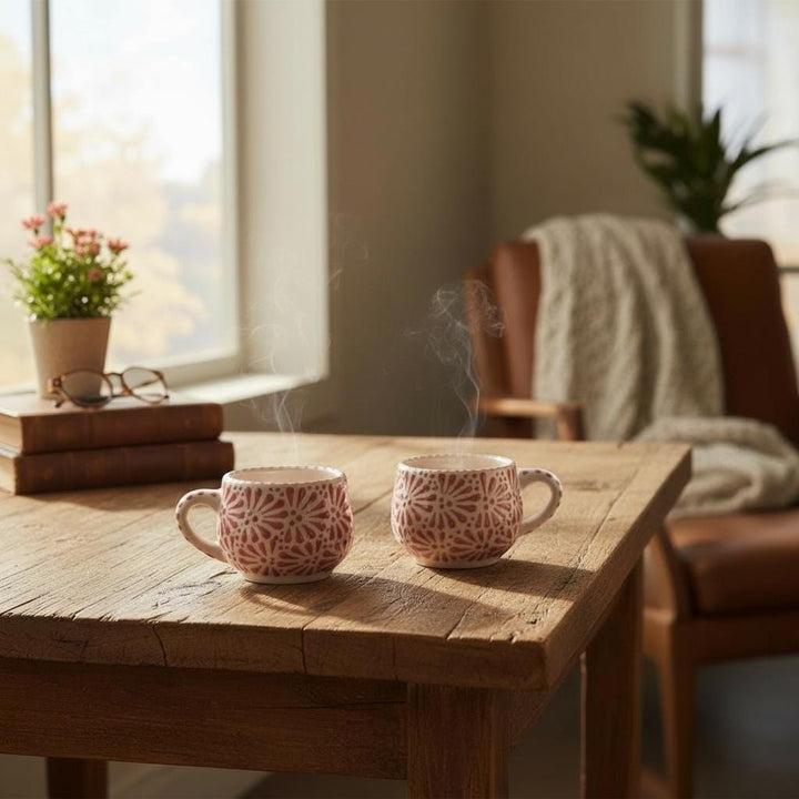 Beautiful Hand Painted Mexican Talavera Small Mug, Ivory & Pink – Set of 2 (Cielito Lindo Inspired)