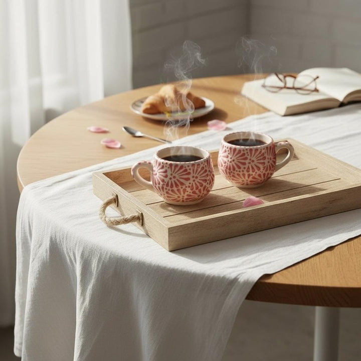 Beautiful Hand Painted Mexican Talavera Small Mug, Ivory & Pink – Set of 2 (Cielito Lindo Inspired)