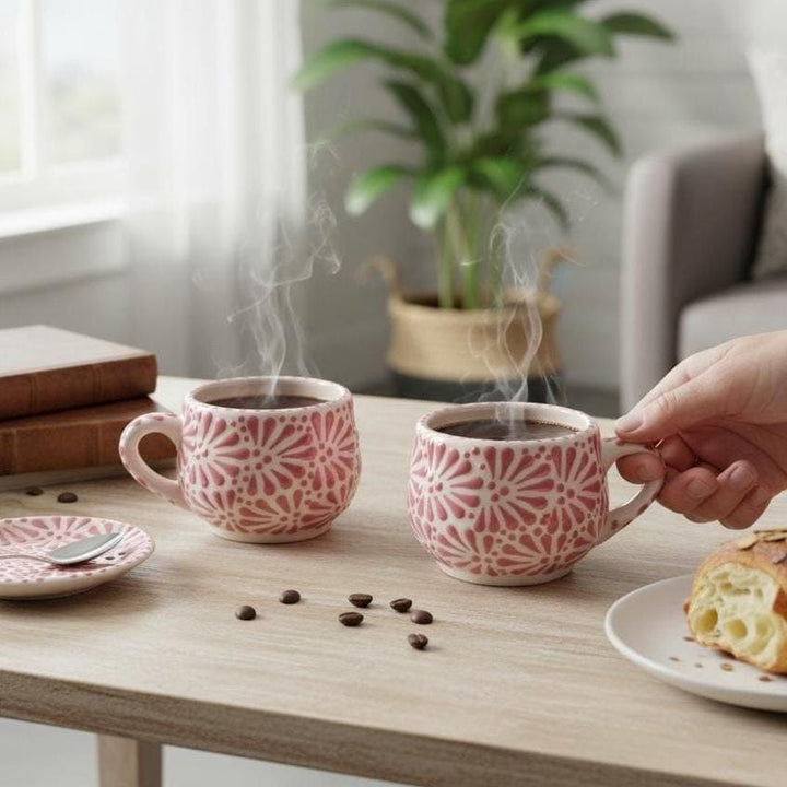 Beautiful Hand Painted Mexican Talavera Small Mug, Ivory & Pink – Set of 2 (Cielito Lindo Inspired)