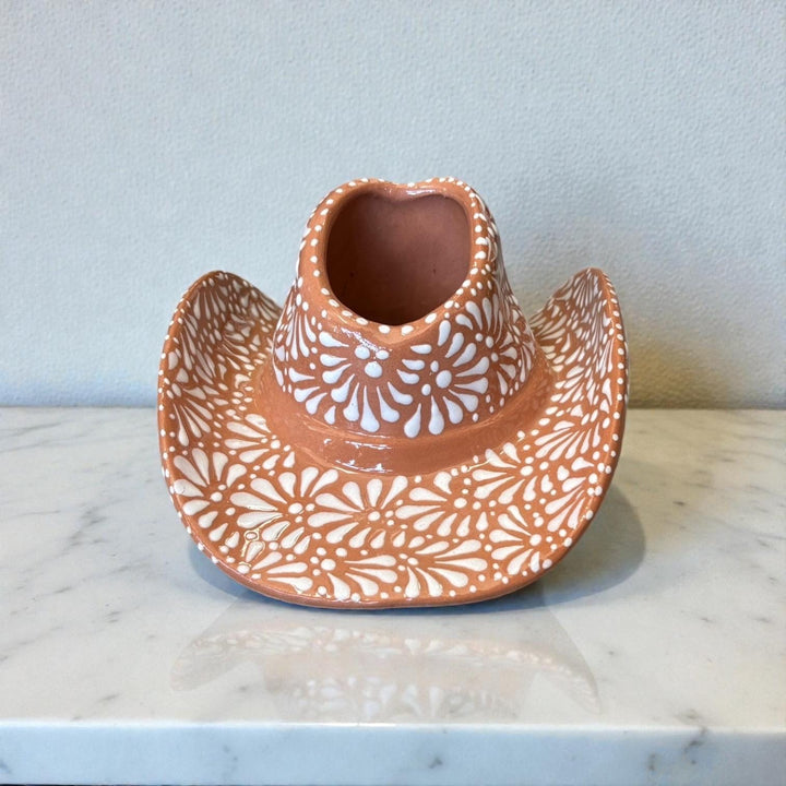 Handpainted Talavera Rustic Cowboy Hat Planter Pot, Brown & White (Cielito Lindo Inspired)