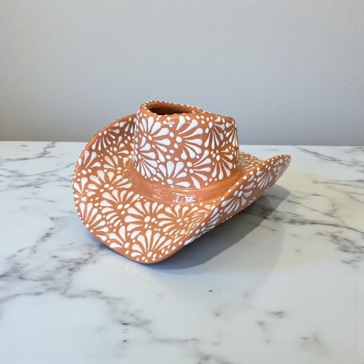 Handpainted Talavera Rustic Cowboy Hat Planter Pot, Brown & White (Cielito Lindo Inspired)