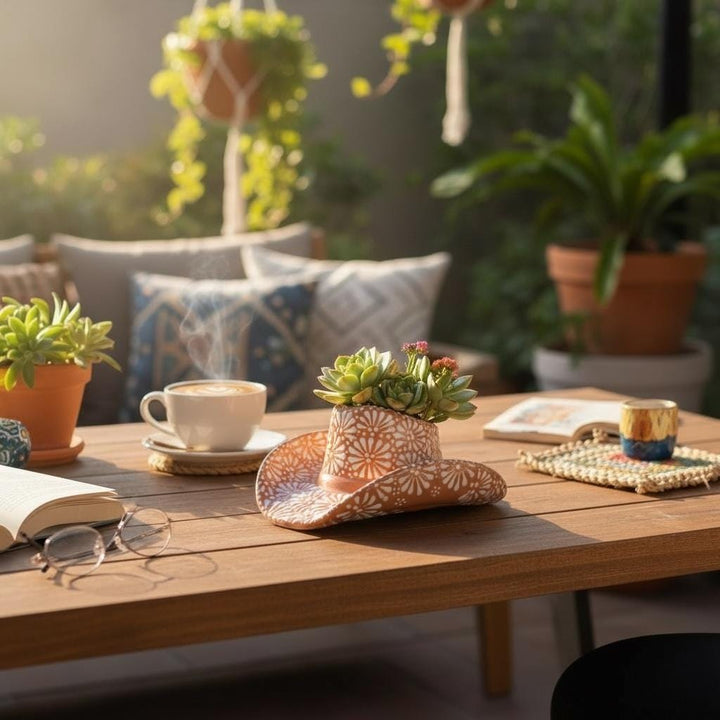 Handpainted Talavera Rustic Cowboy Hat Planter Pot, Brown & White (Cielito Lindo Inspired)