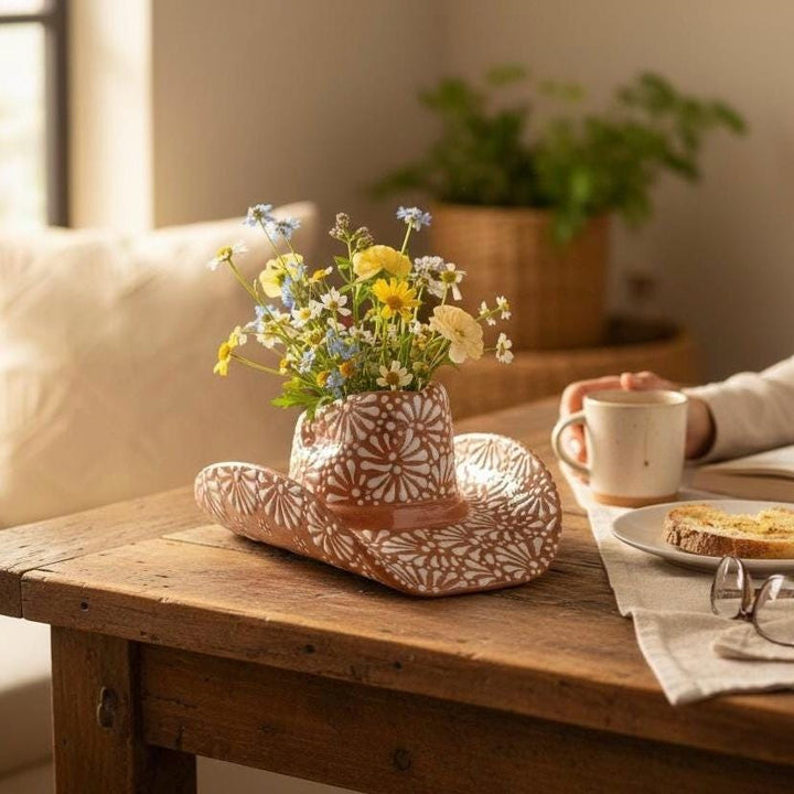Handpainted Talavera Rustic Cowboy Hat Planter Pot, Brown & White (Cielito Lindo Inspired)
