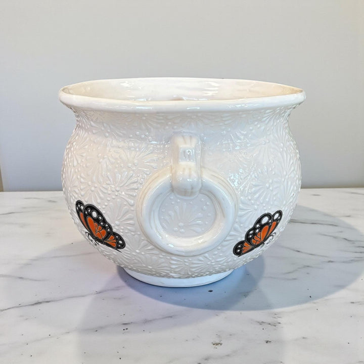 Hand Painted Talavera Monarch Butterfly Cauldron Handle Planter Pot, Ivory & White – Free Shipping (Contiguous U.S. Only)