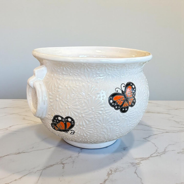Hand Painted Talavera Monarch Butterfly Cauldron Handle Planter Pot, Ivory & White – Free Shipping (Contiguous U.S. Only)