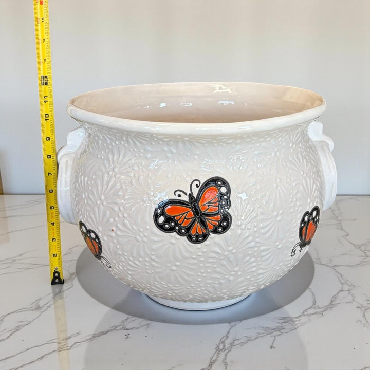 Hand Painted Talavera Monarch Butterfly Cauldron Handle Planter Pot, Ivory & White – Free Shipping (Contiguous U.S. Only)